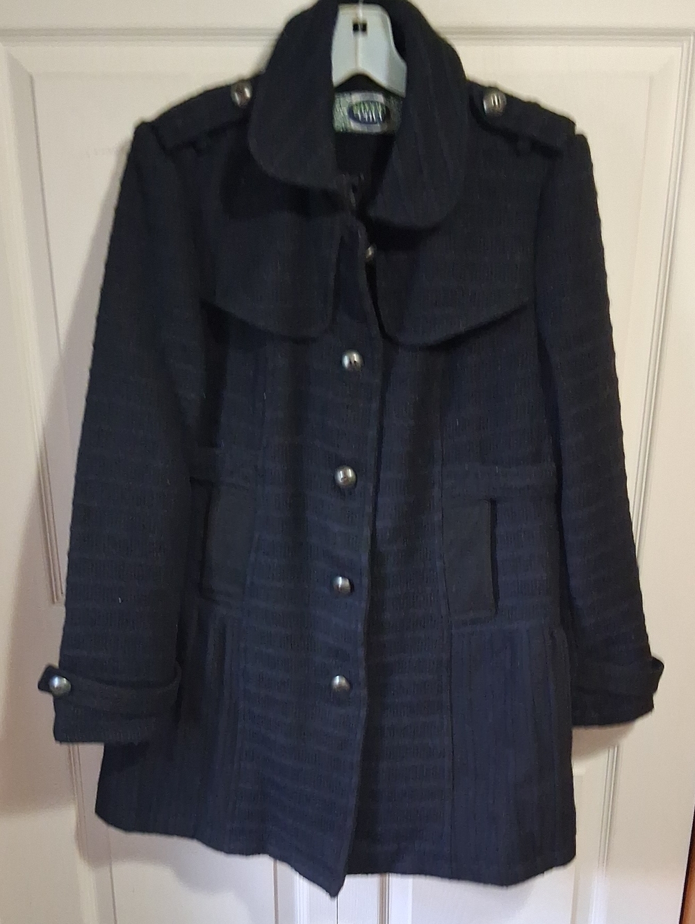 Green With Envy Classic Textured Pea Coat - Wool Blend - M - Blue Black